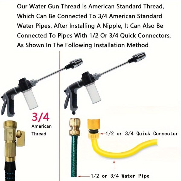 Pistola de agua de alta presión para lavado de autos, 1 pieza, boquilla multifunción para manguera de jardín, pulverizador de varilla engrosada ajustable con punta de cobre chapado, adaptador de conexión rápida universal de 3/4" y 1/2" para herramientas d - Imagen 4