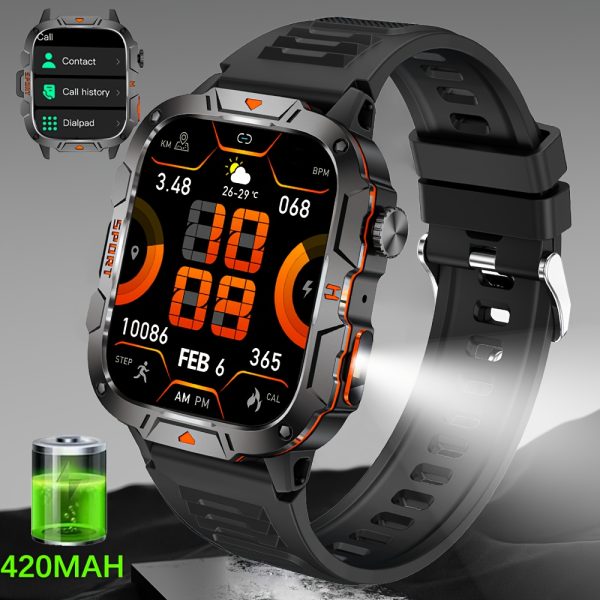 Reloj inteligente para hombre LONZERUI2024, pantalla IPS HD de 4,98 cm, batería de 420 mAh, inalámbrico 5.2, resistente al agua IP68, carga USB, cuerpo de aleación, correa de silicona, uso en exteriores con linterna. - Imagen 5