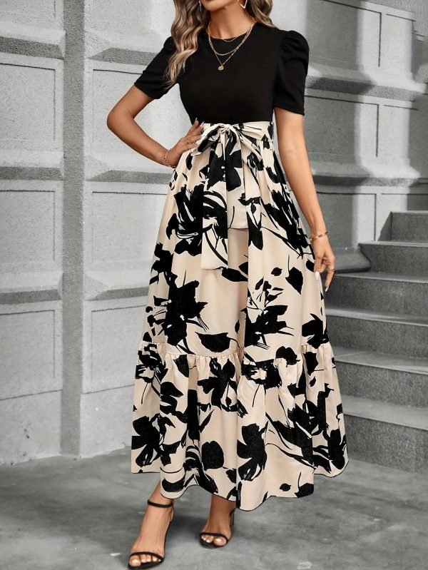 Vestido de cuello redondo con estampado floral, elegante vestido corto de manga con cintura anudada y largo hasta el tobillo para primavera y verano, ropa de mujer. - Imagen 5