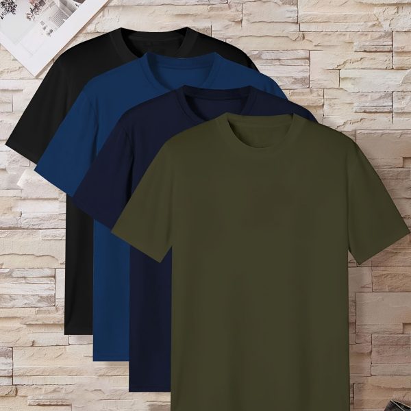 4 Camisetas Casuales de Estilo Simple para Hombre, Color Sólido, Cómodas, Manga Corta, Cuello Redondo, Camiseta de Pijama para el Hogar, Ropa de Verano para Hombre al Aire Libre - Imagen 2