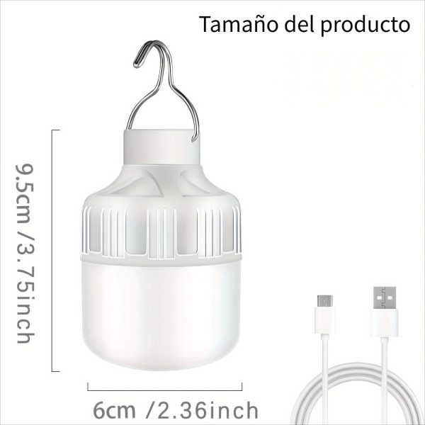 Linterna de camping recargable USB súper brillante - Lámpara portátil LED con gancho - Luz nocturna duradera para emergencias, aventuras, camping y pesca - Imagen 3