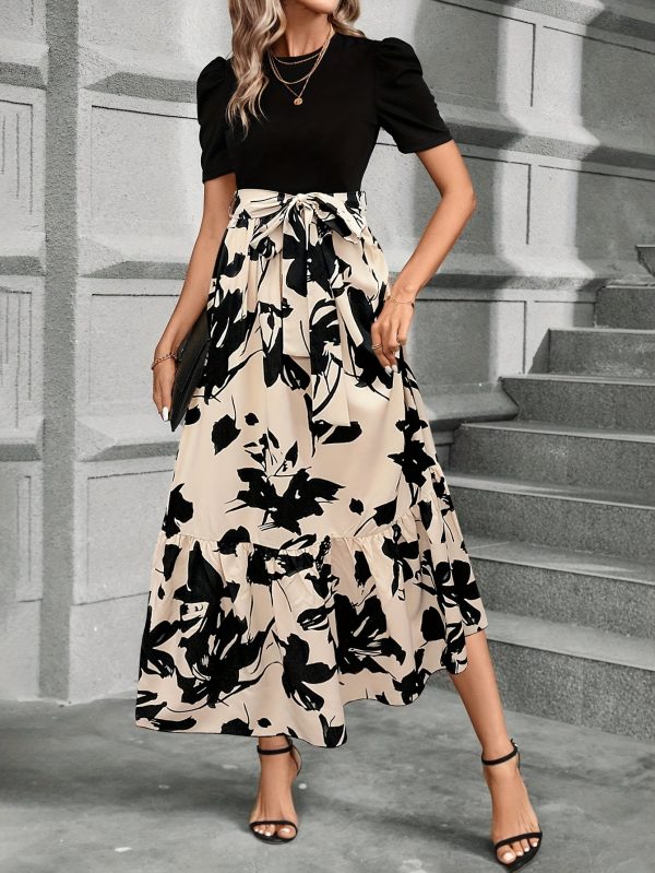 Vestido de cuello redondo con estampado floral, elegante vestido corto de manga con cintura anudada y largo hasta el tobillo para primavera y verano, ropa de mujer. - Imagen 4