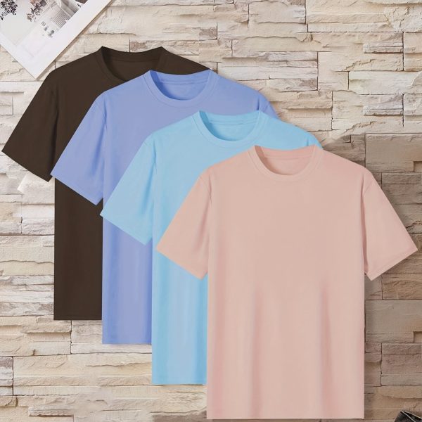 4 Camisetas Casuales de Estilo Simple para Hombre, Color Sólido, Cómodas, Manga Corta, Cuello Redondo, Camiseta de Pijama para el Hogar, Ropa de Verano para Hombre al Aire Libre - Imagen 4