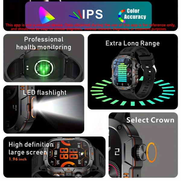 Reloj inteligente para hombre LONZERUI2024, pantalla IPS HD de 4,98 cm, batería de 420 mAh, inalámbrico 5.2, resistente al agua IP68, carga USB, cuerpo de aleación, correa de silicona, uso en exteriores con linterna. - Imagen 7